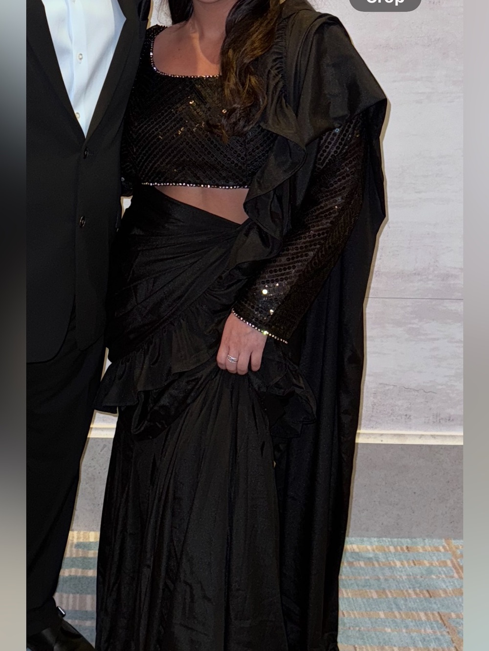 Black Ruffle Crepe Saree - Women - Picture 2 of 3